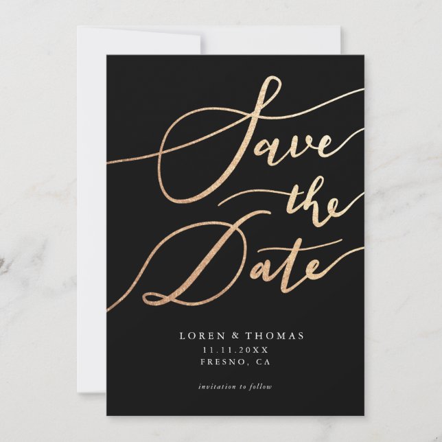 Gold Black Script Typography Save The Date (Front)