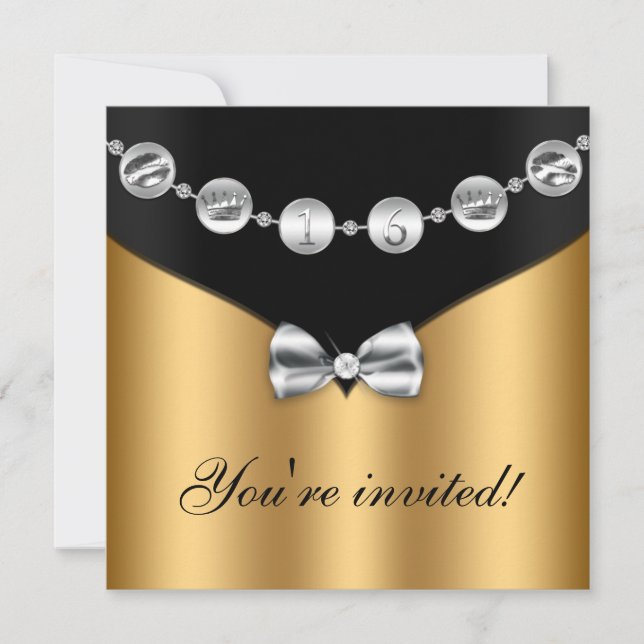 Gold Black Silver Bowed Charm Sweet Sixteen Invite (Front)