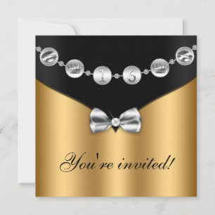 Gold Black Silver Bowed Charm Sweet Sixteen Invite