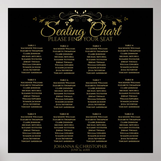 Gold & Black Simple 12 Table Wedding Seating Chart (Front)