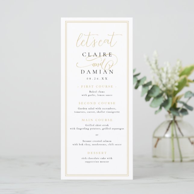 Gold Black Simple Elegance Romantic Script Wedding Menu (Standing Front)