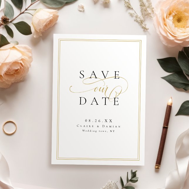 Gold Black Simple Elegance Romantic Script Wedding Save The Date (Gold Black Simple Elegance Romantic Script Wedding Save The Date)
