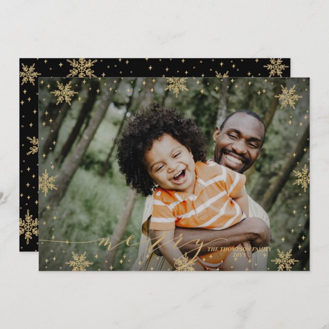 Gold & Black | Snowflakes Merry Photo Christmas Ca Card (Front/Back)
