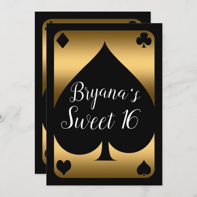 Gold & Black Spade Glam Casino Sweet 16 Party Invitation (Front/Back)