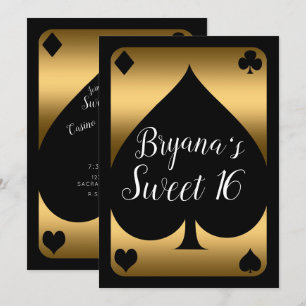 Gold & Black Spade Glam Casino Sweet 16 Party Invitation