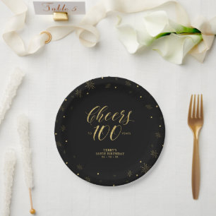 Gold & Black Sparkle Cheers 100th Birthday Party Paper Plate