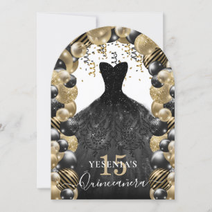 Gold Black Sparkle Dress Quinceanera Balloon Invitation
