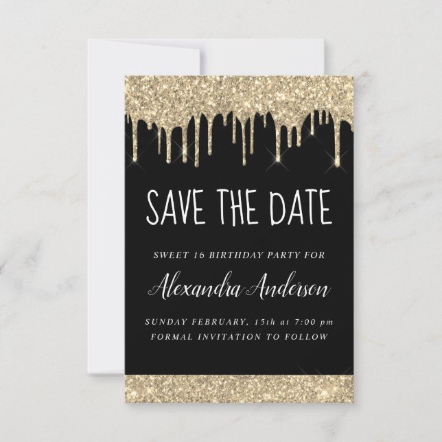 Gold Black Sparkle Glitter Sweet 16 Save the Date Invitation (Front)
