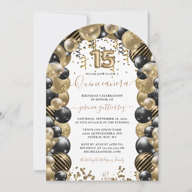 Gold Black Sparkle Photo Quinceanera Balloon Invitation (Front)