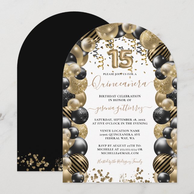 Gold Black Sparkle Quinceanera Balloon Invitation (Front/Back)