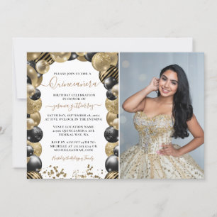 Gold Black Sparkle Quinceanera Balloon Photo Invit Invitation
