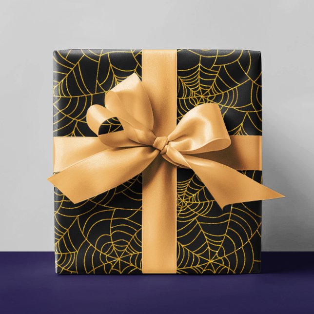 Gold Black Spider Webbing Spiderweb Halloween Wrapping Paper (Creator Uploaded)