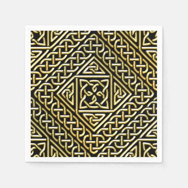 Gold Black Square Shapes Celtic Knotwork Pattern Napkin (Front)