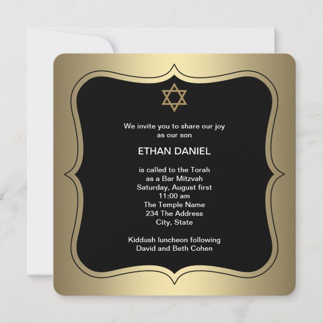 Gold Black Star of David Bar Mitzvah Invitation (Front)