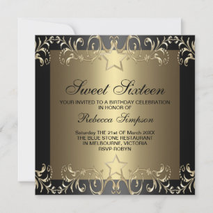 Gold & Black Star Sweet 16 Birthday Invitation