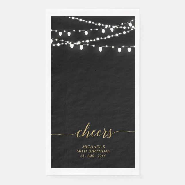 Gold Black String Lights Elegant Lettering Cheers Napkin (Front)