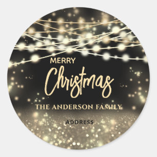 Gold black string lights sparkle Merry Christmas Classic Round Sticker