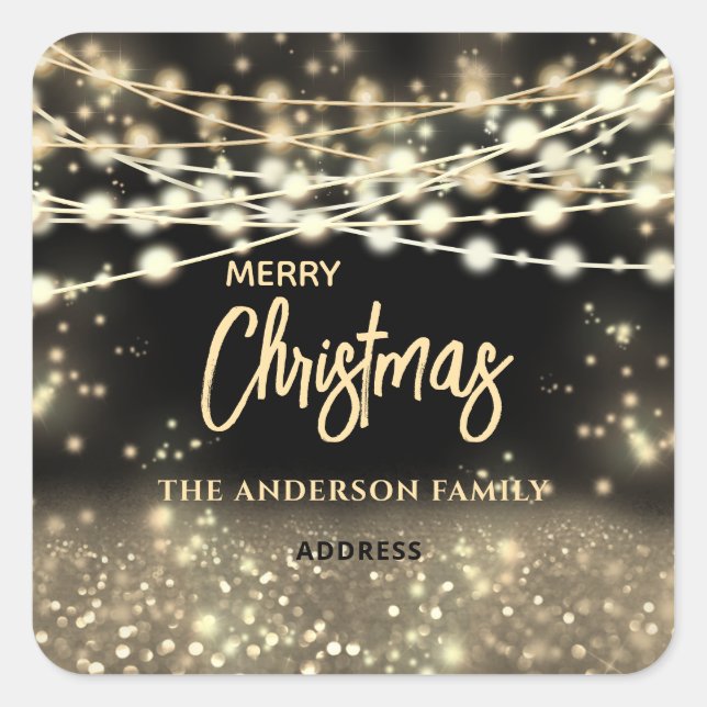 Gold black string lights sparkle Merry Christmas Square Sticker (Front)