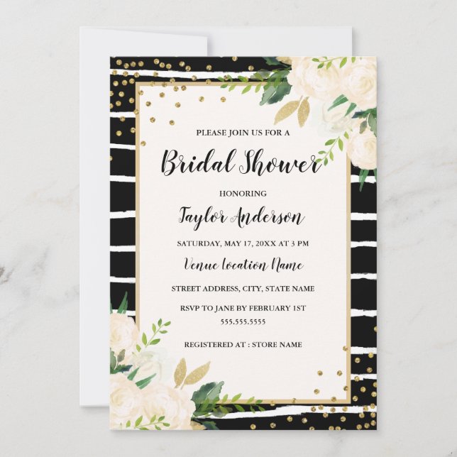 Gold Black Stripe Floral Bridal Shower Invitation (Front)