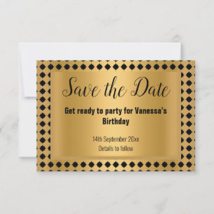 GOLD BLACK STRIPE PATTERNED SAVE THE DATE ANNOUNCEMENT
