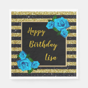 Gold Black Stripes Glitter Blue Roses Birthday Napkin