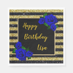 Gold Black Stripes Glitter Deep Blue Rose Birthday Napkin