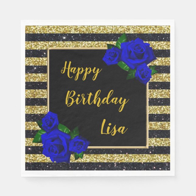 Gold Black Stripes Glitter Deep Blue Rose Birthday Napkin (Front)