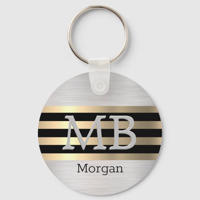 Gold & Black Stripes, Monogram/Name Brushed Silver Key Ring (Front)