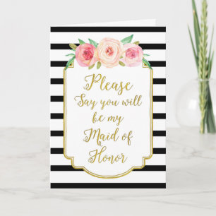 Gold Black Stripes Pink Floral Maid of Honour Invitation