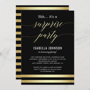 Gold & Black Stripes Shh... It's A Surprise Party Invitation