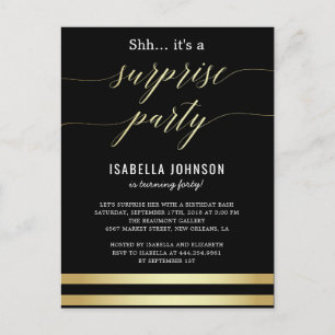 Gold & Black Stripes Shh... It's A Surprise Party Invitation Postcard