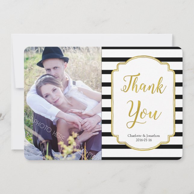 Gold Black Stripes Wedding Thank You Photo Cards (Front)