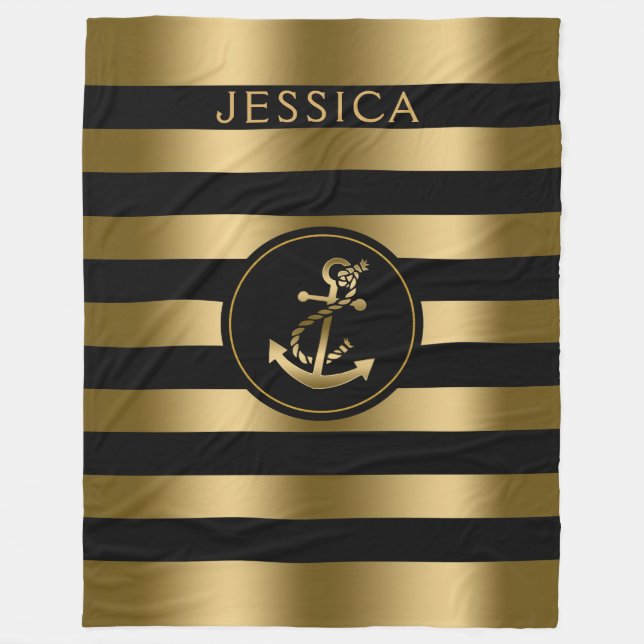 Gold & Black Stripes With Gold Nautical Anchor Fleece Blanket (Front)