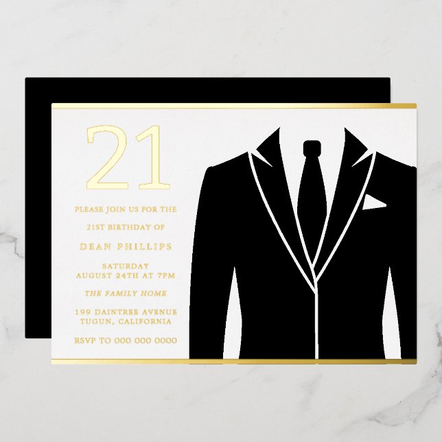 Gold & Black Suit & Tie 21st Birthday Party Golden (Front/Back)