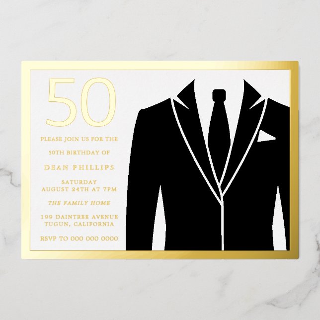 Gold & Black Suit & Tie 50th Birthday Party Golden (Front)