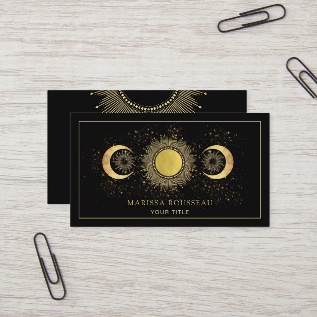 Gold Black Sun Moon Celestial  Business Card (Front/Back In Situ)