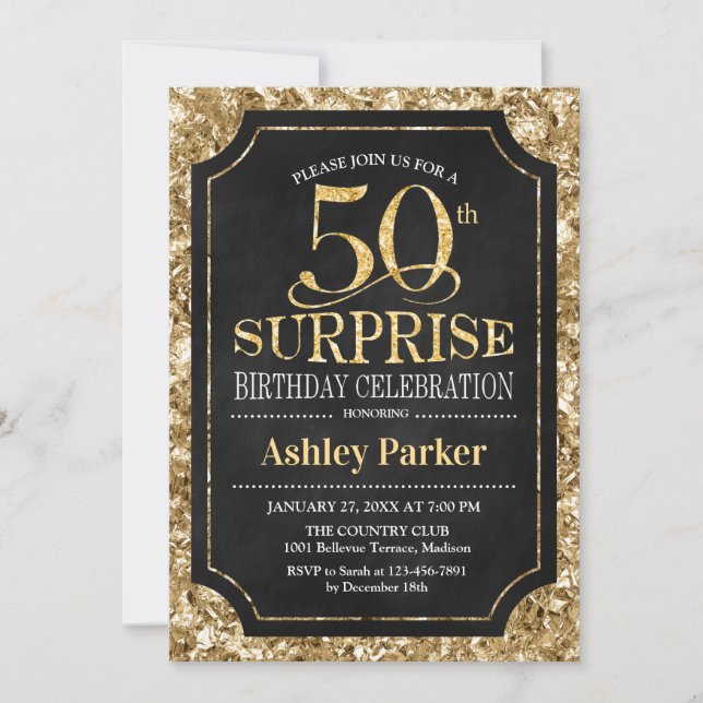 Gold Black Surprise 50th Birthday Party Invitation (Front)