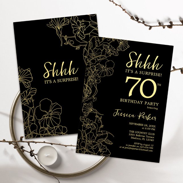 Gold Black Surprise 70th Birthday Invitation (Creator Uploaded)