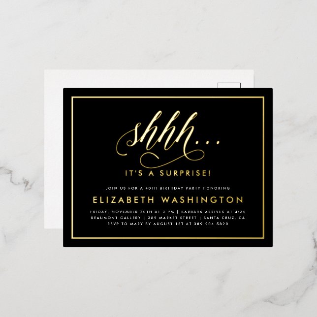 Gold & Black Surprise Birthday Party Foil Invitation Postcard (Front/Back)