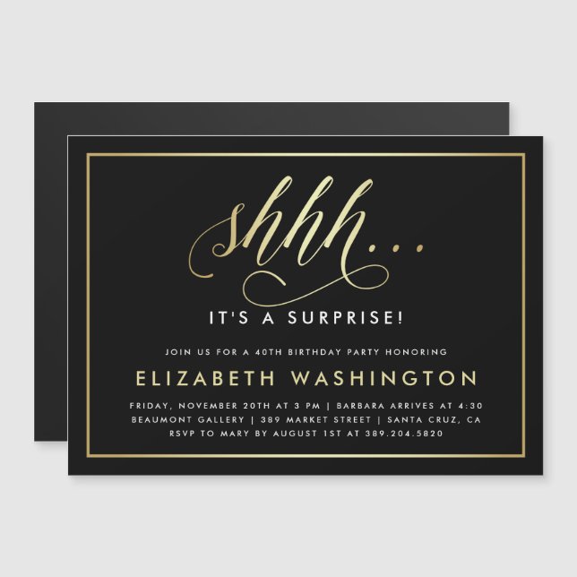 Gold & Black Surprise Birthday Party Magnetic Invitation (Front/Back)
