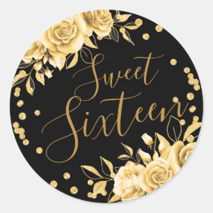 Gold Black Sweet 16 Birthday Floral Glitter Classic Round Sticker