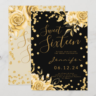 Gold Black Sweet 16 Glitter Confetti Floral Invitation