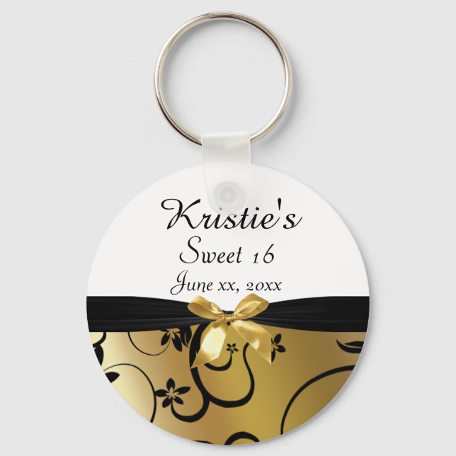 Gold & Black, Sweet Sixteen, Custom, Party Favour Key Ring (Front)