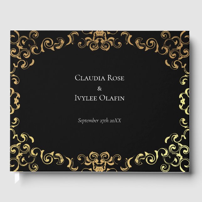Gold & Black Swirl Gothic Wedding Guest Book (Front)