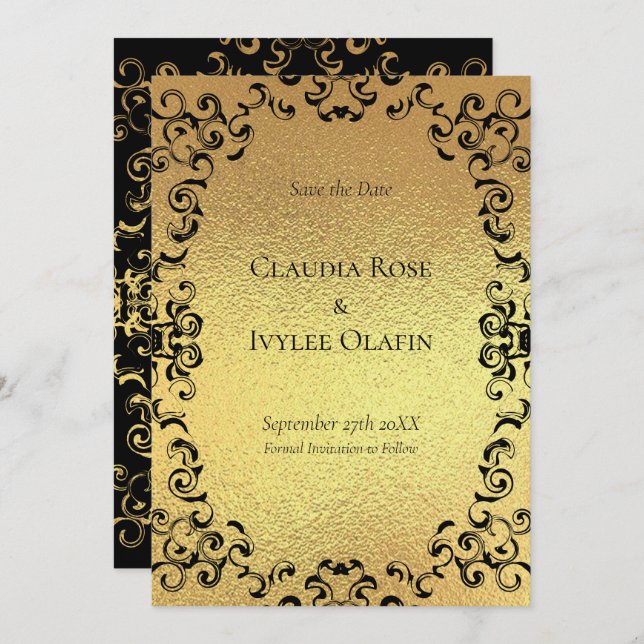 Gold & Black Swirl Gothic Wedding Invitation (Front/Back)