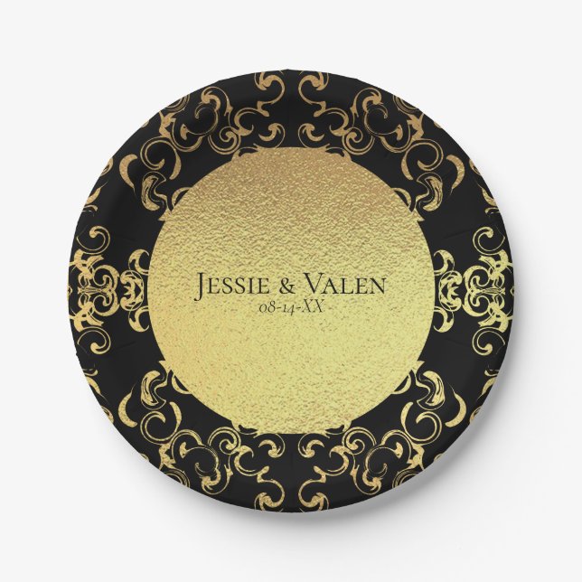 Gold & Black Swirl Gothic Wedding Paper Plate (Front)