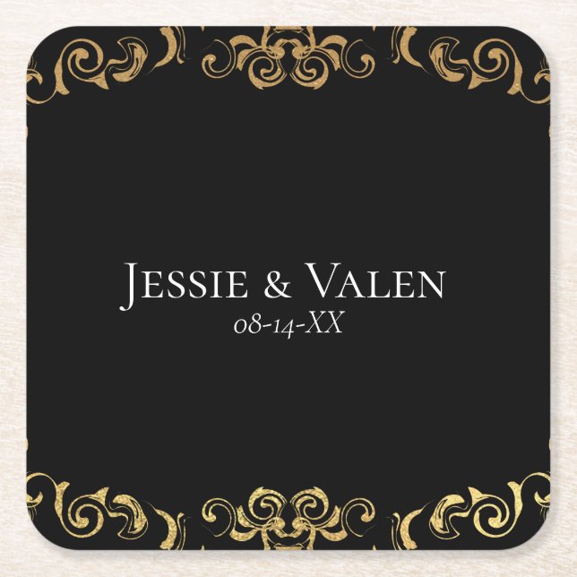 Gold & Black Swirl Gothic Wedding Square Paper Coaster (Front)
