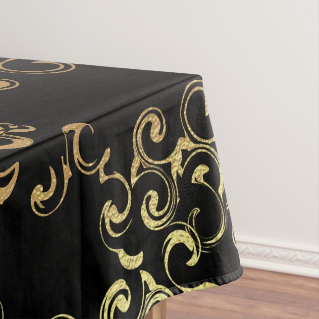 Gold & Black Swirl Gothic Wedding Tablecloth (In Situ)
