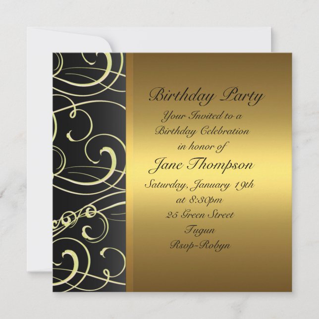 Gold/Black Swirl Side Border Birthday Invite (Front)