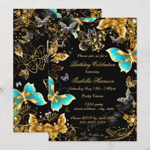 Gold Black Teal Butterfly Floral Birthday Party Invitation